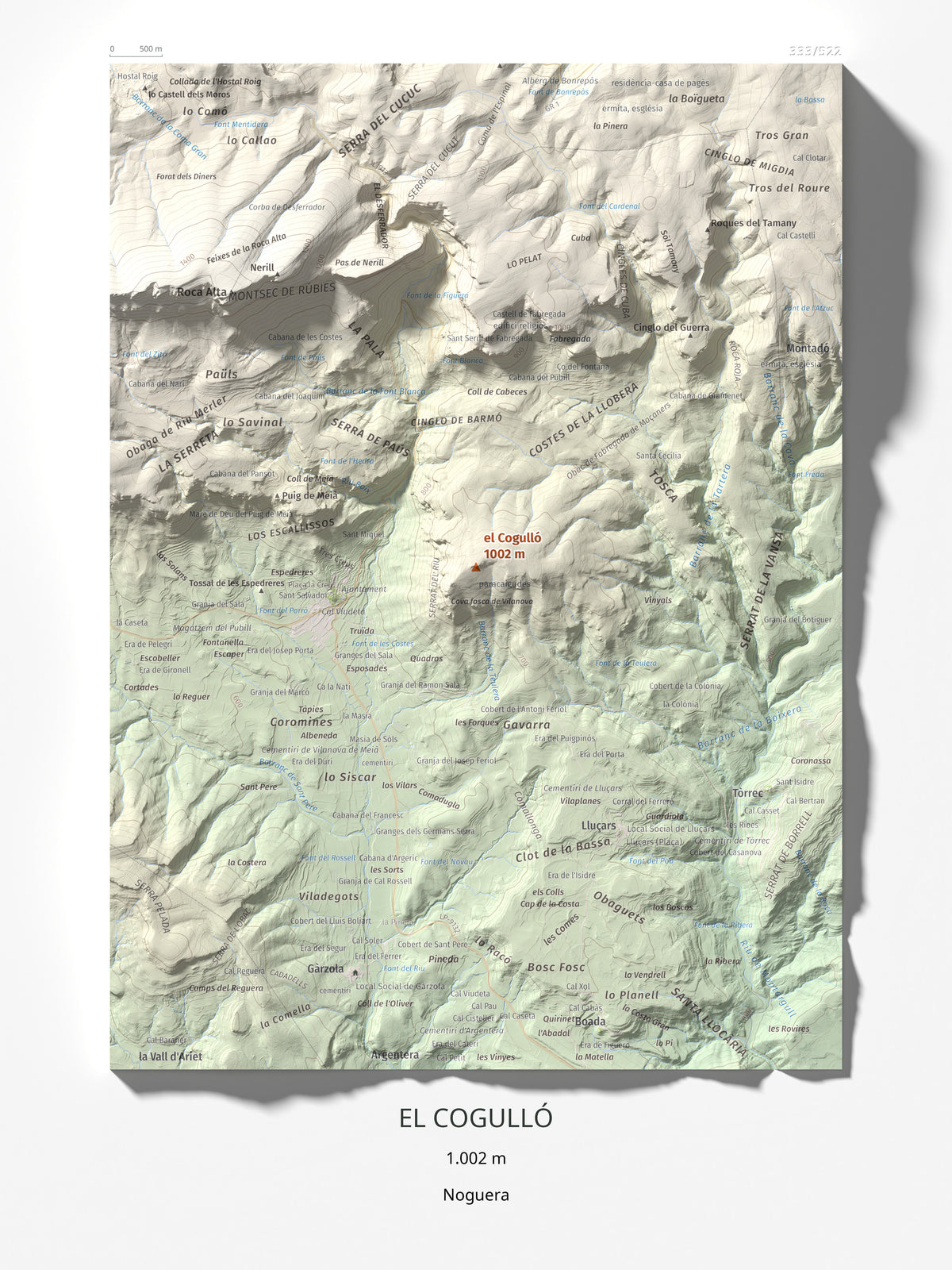 Mapa de relieve del Cogulló, 1002 m, Noguera, lámina 100 Cims de Trobart 30 × 40 cm.