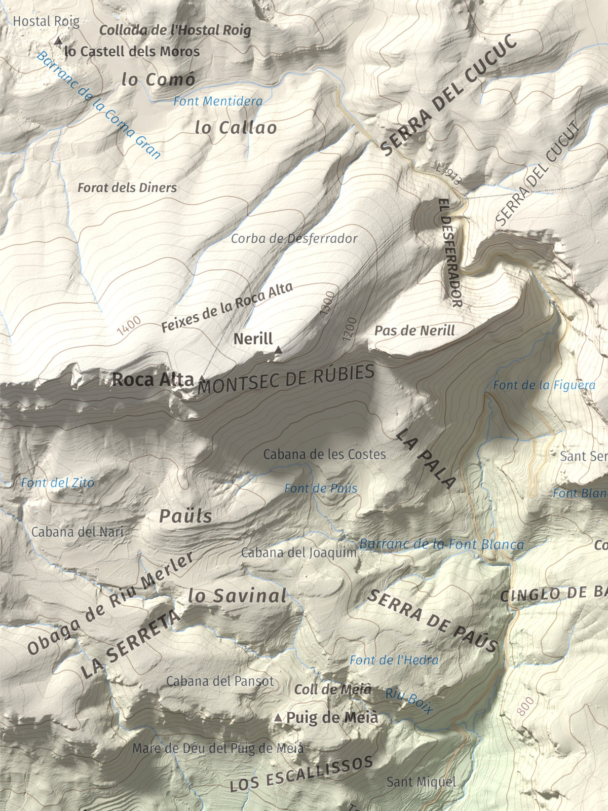 Mapa de relieve del Cogulló, 1002 m, Noguera, lámina 100 Cims de Trobart. Detalle de la zona superior izquierda. 30 × 40 cm.