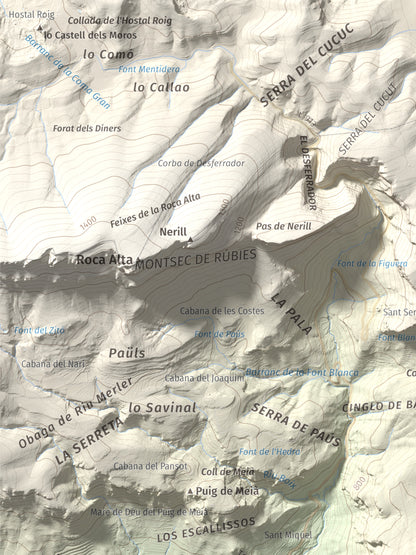 Mapa de relieve del Cogulló, 1002 m, Noguera, lámina 100 Cims de Trobart. Detalle de la zona superior izquierda. 30 × 40 cm.