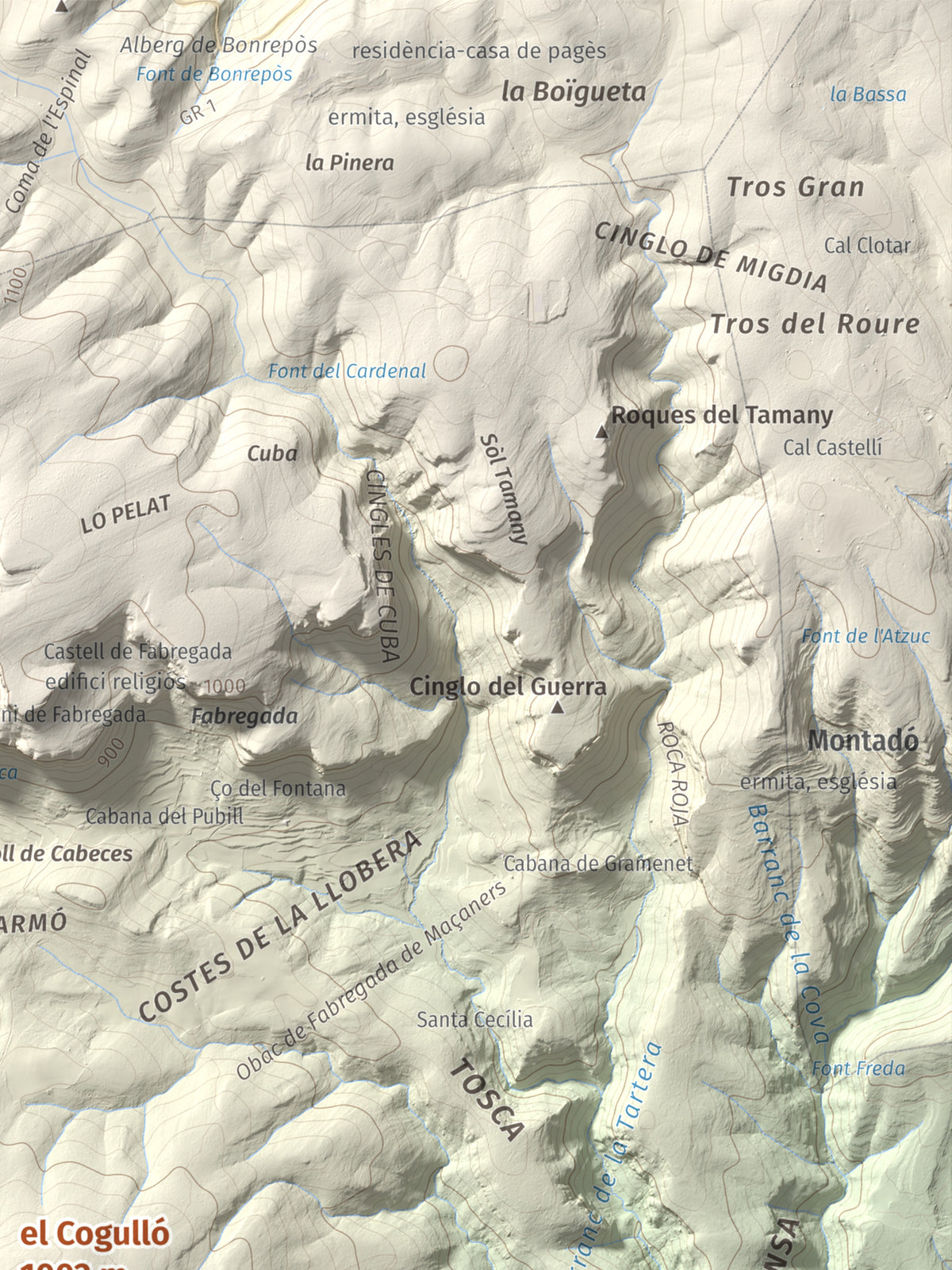 Mapa de relieve del Cogulló, 1002 m, Noguera, lámina 100 Cims de Trobart. Detalle de la zona superior derecha. 30 × 40 cm.