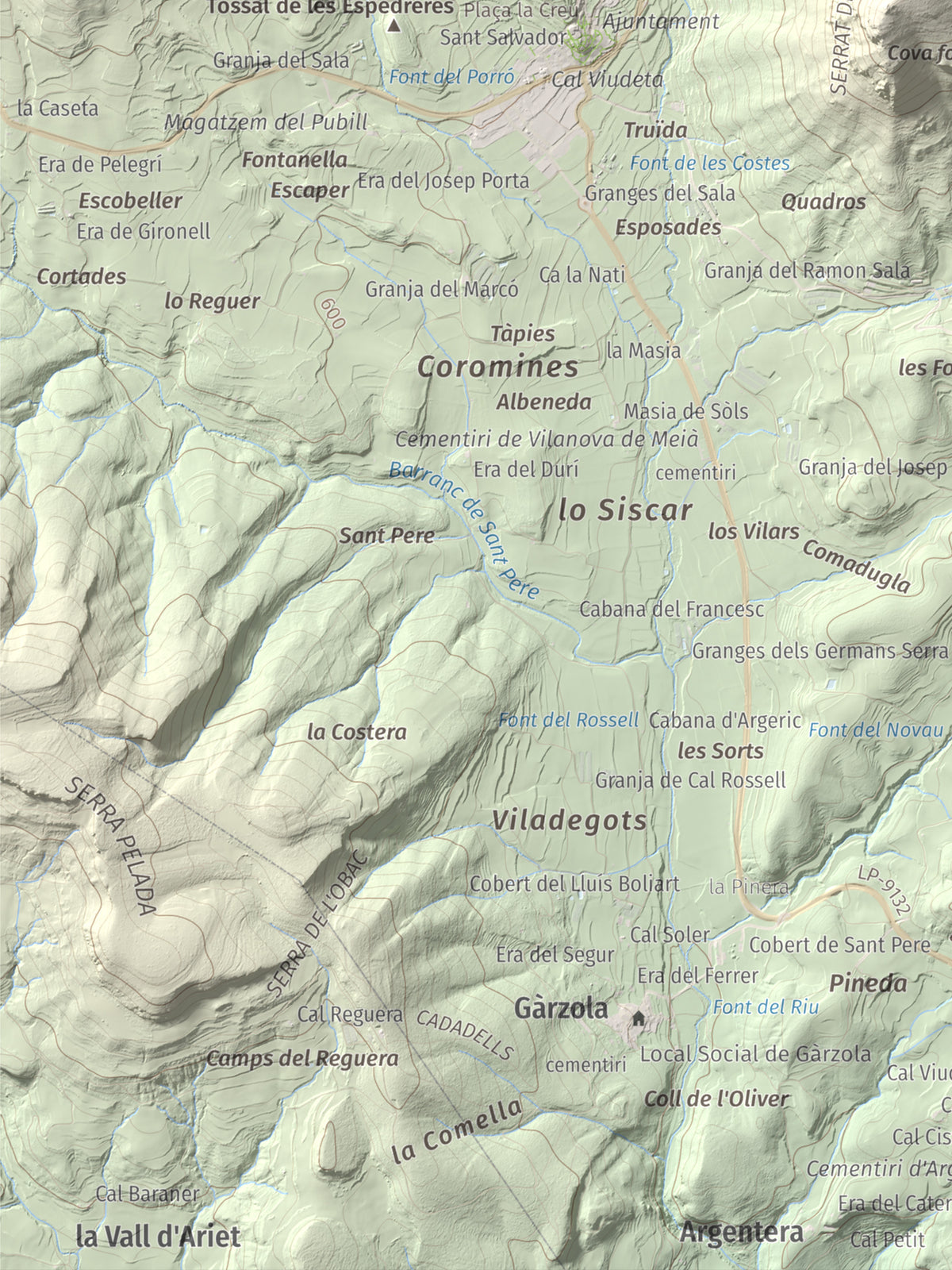 Mapa de relieve del Cogulló, 1002 m, Noguera, lámina 100 Cims de Trobart. Detalle de la zona inferior izquierda. 30 × 40 cm.