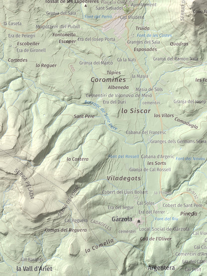 Mapa de relieve del Cogulló, 1002 m, Noguera, lámina 100 Cims de Trobart. Detalle de la zona inferior izquierda. 30 × 40 cm.