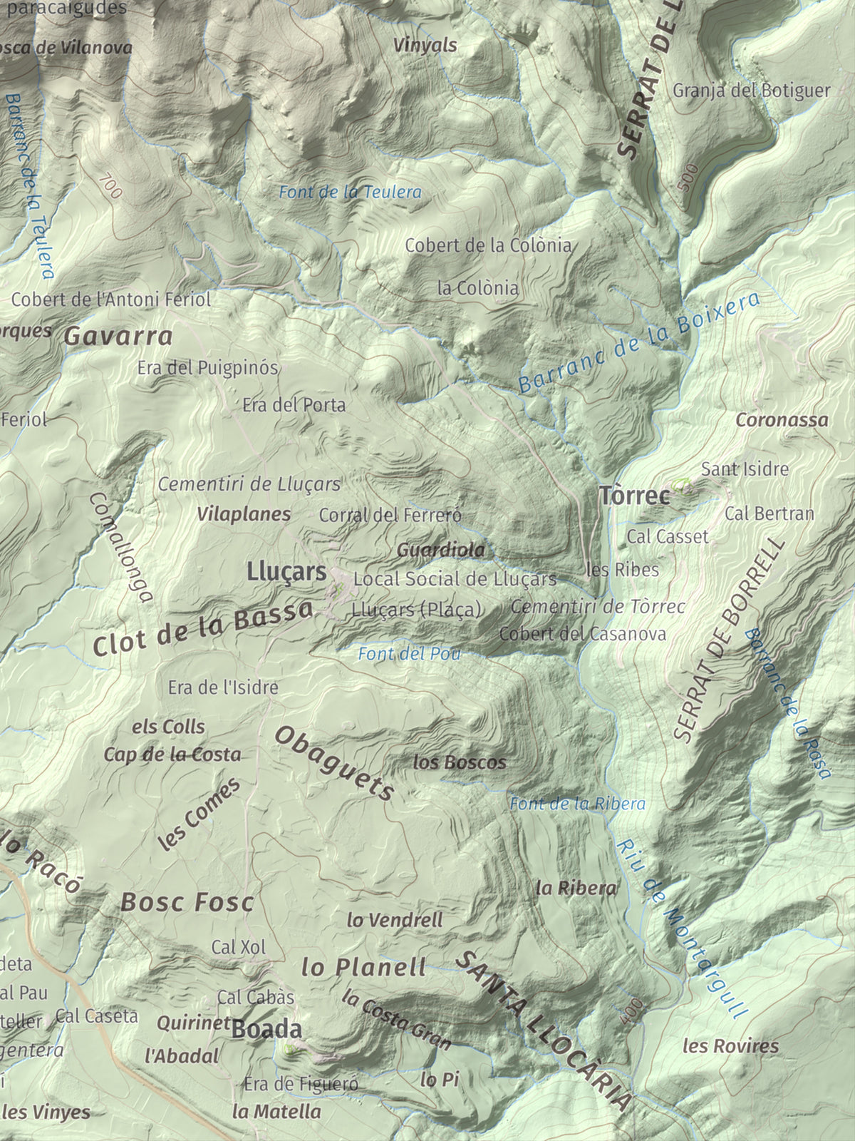 Mapa de relieve del Cogulló, 1002 m, Noguera, lámina 100 Cims de Trobart. Detalle de la zona inferior derecha. 30 × 40 cm.