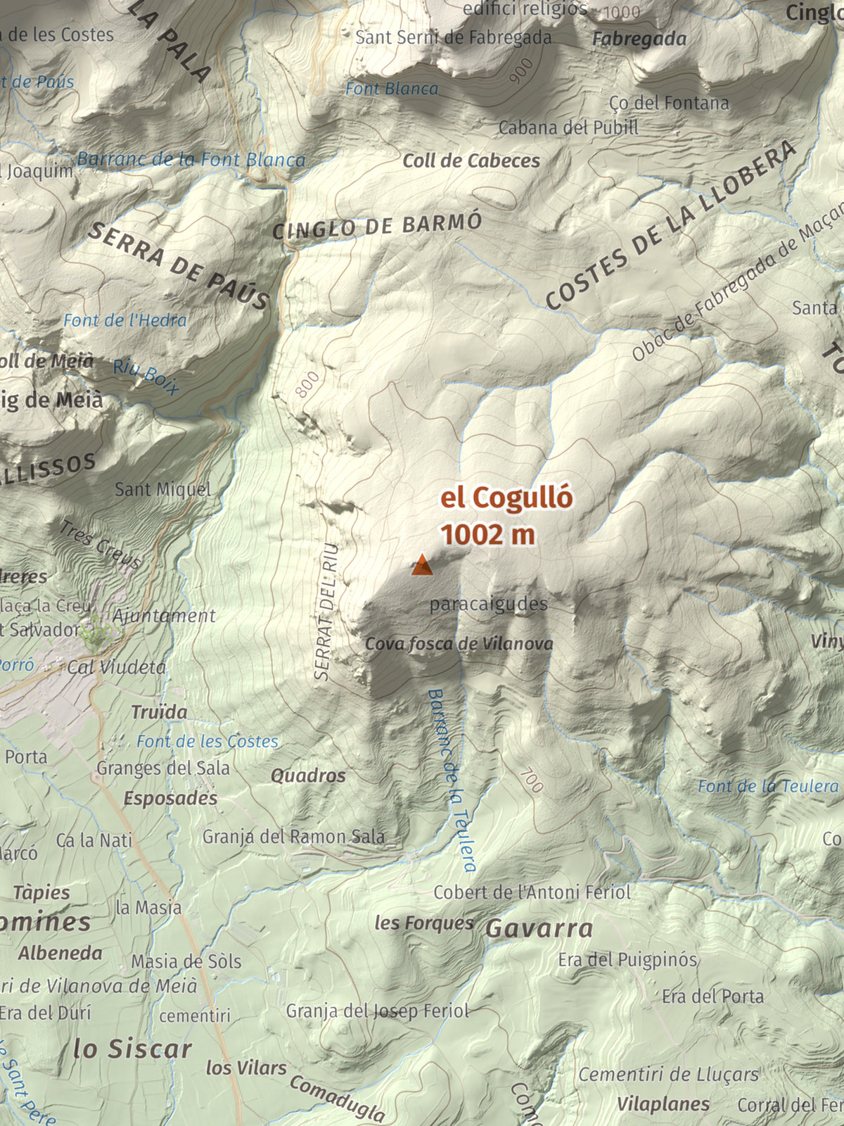 Mapa de relieve del Cogulló, 1002 m, Noguera, lámina 100 Cims de Trobart. Detalle de la zona central. 30 × 40 cm.