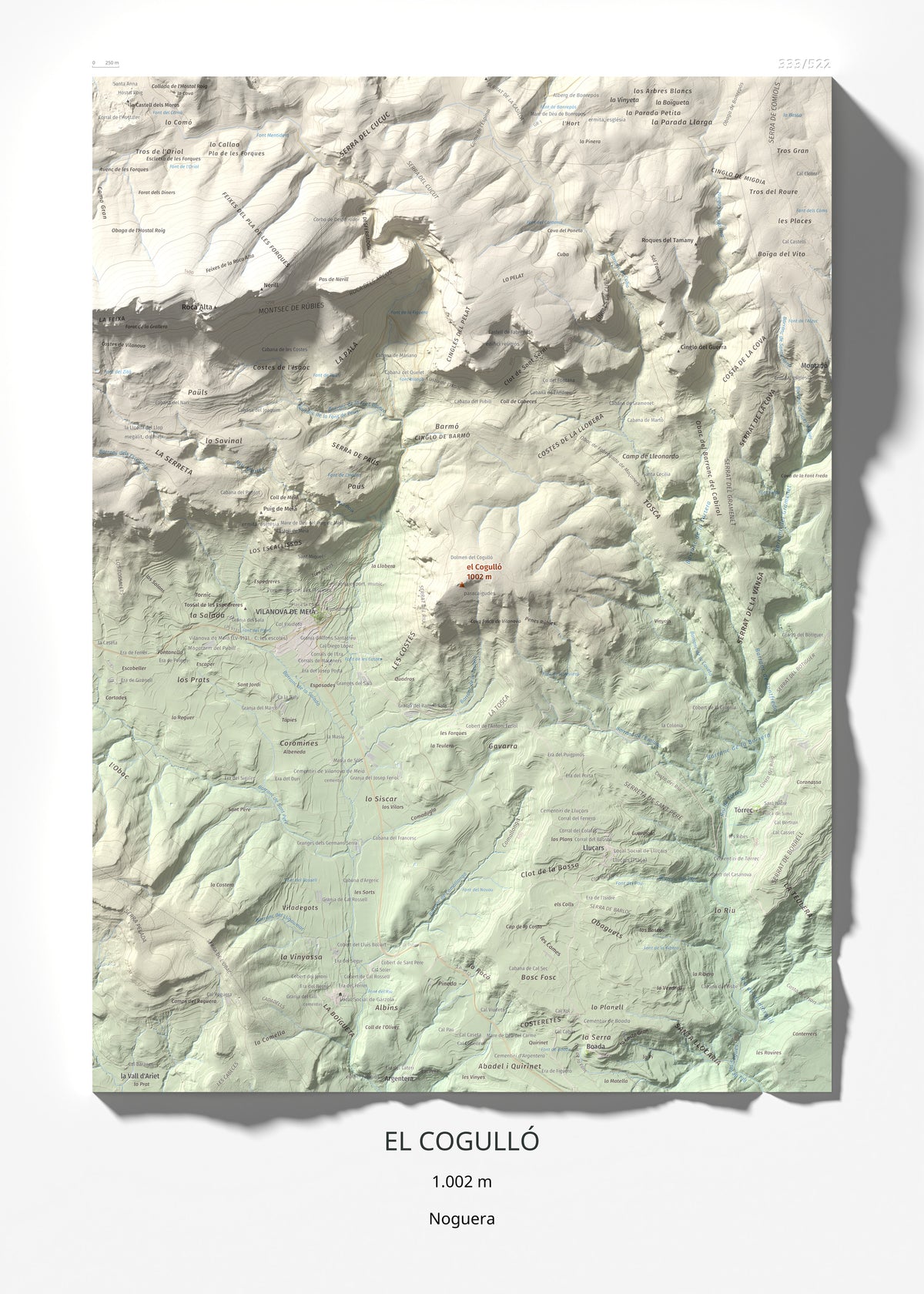 Mapa de relieve del Cogulló, 1002 m, Noguera, lámina 100 Cims de Trobart 50 × 70 cm.