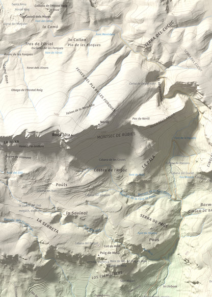 Mapa de relieve del Cogulló, 1002 m, Noguera, lámina 100 Cims de Trobart. Detalle de la zona superior izquierda. 50 × 70 cm.