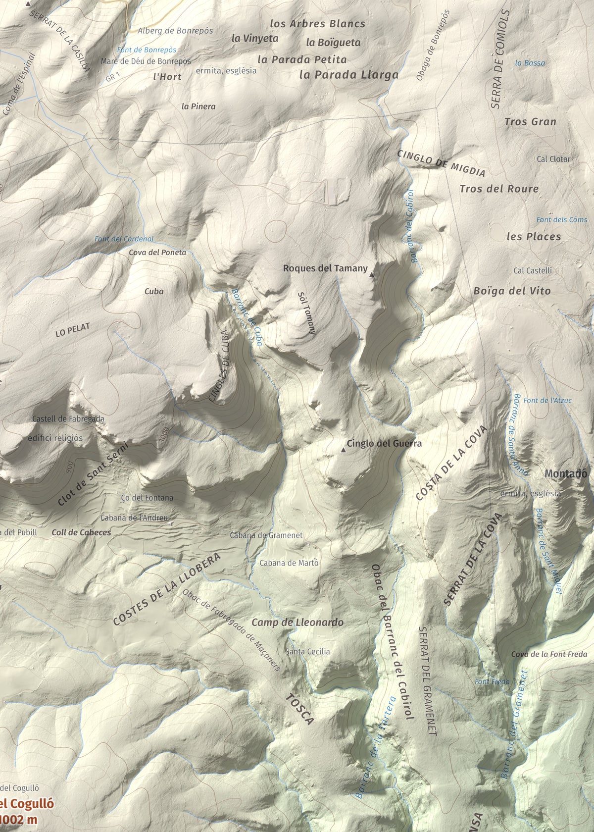 Mapa de relieve del Cogulló, 1002 m, Noguera, lámina 100 Cims de Trobart. Detalle de la zona superior derecha. 50 × 70 cm.