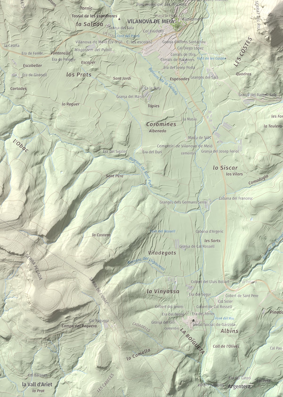 Mapa de relieve del Cogulló, 1002 m, Noguera, lámina 100 Cims de Trobart. Detalle de la zona inferior izquierda. 50 × 70 cm.