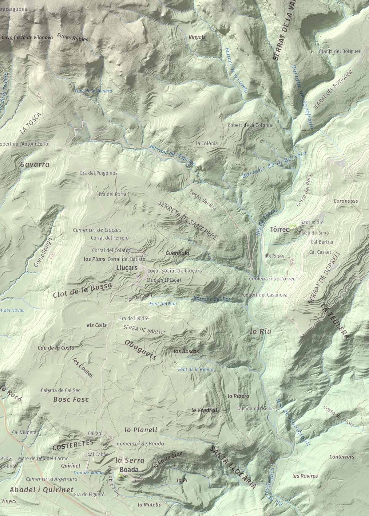 Mapa de relieve del Cogulló, 1002 m, Noguera, lámina 100 Cims de Trobart. Detalle de la zona inferior derecha. 50 × 70 cm.