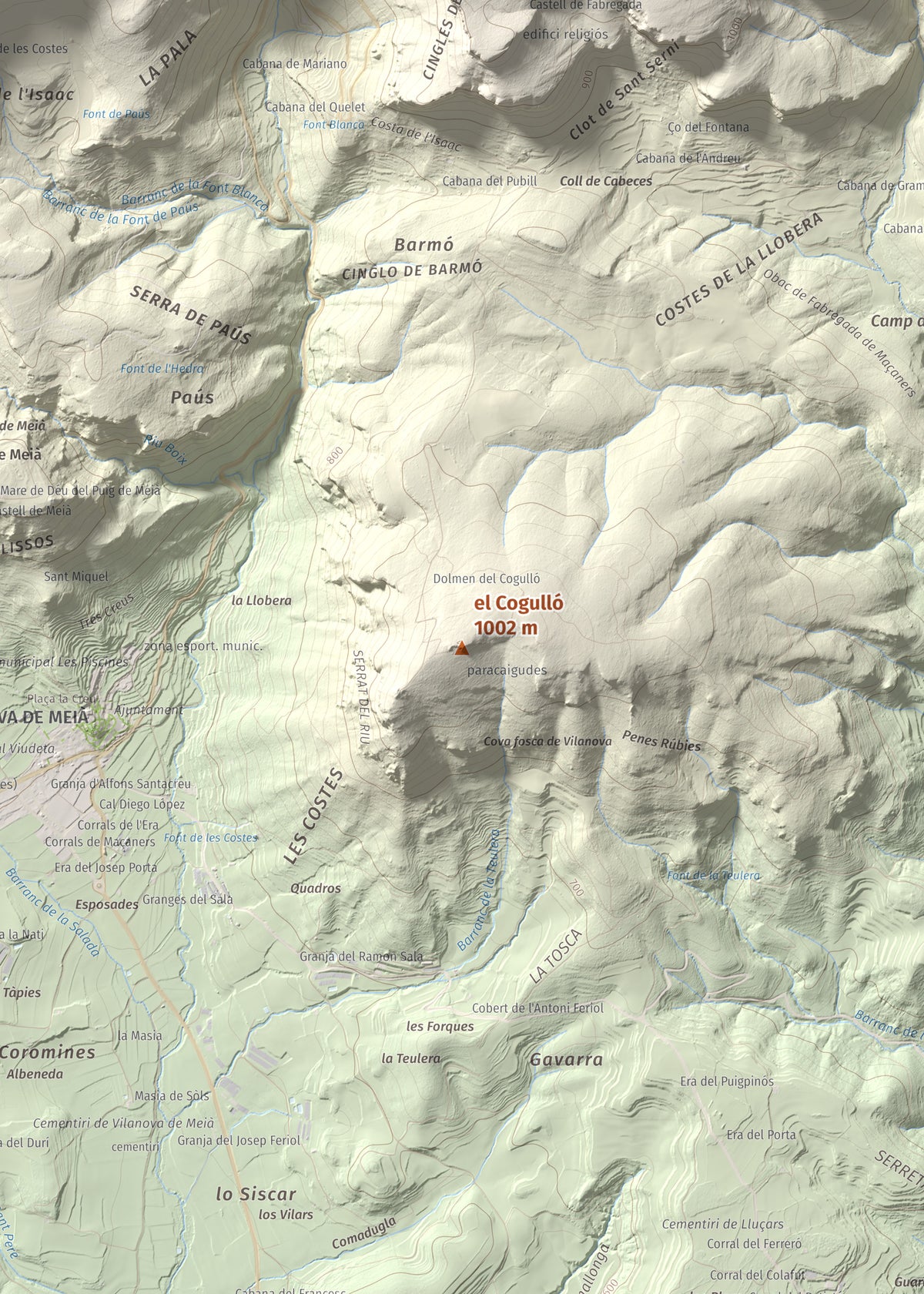 Mapa de relieve del Cogulló, 1002 m, Noguera, lámina 100 Cims de Trobart. Detalle de la zona central. 50 × 70 cm.