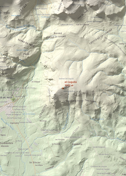 Mapa de relieve del Cogulló, 1002 m, Noguera, lámina 100 Cims de Trobart. Detalle de la zona central. 50 × 70 cm.
