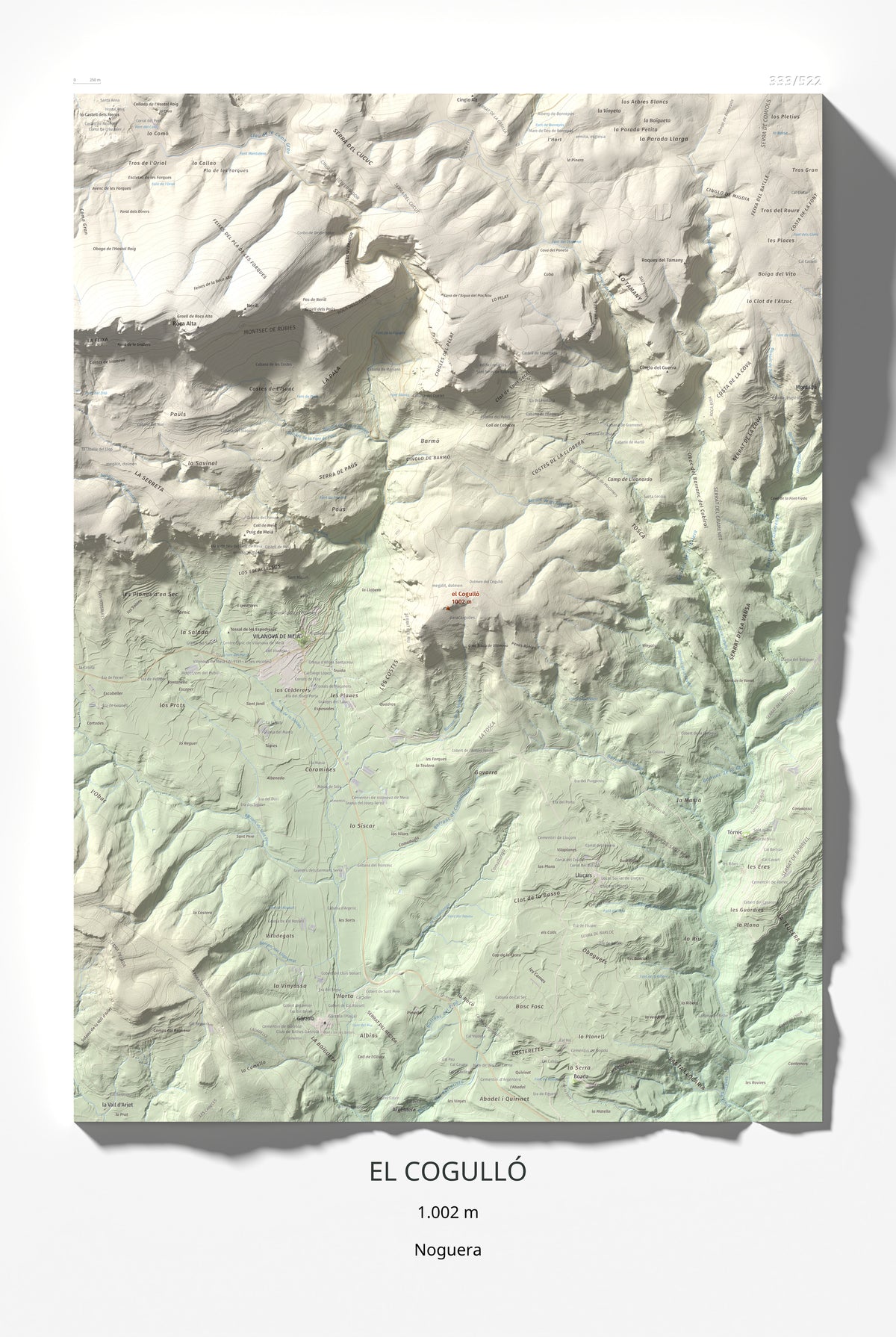 Mapa de relieve del Cogulló, 1002 m, Noguera, lámina 100 Cims de Trobart 61 × 91 cm.