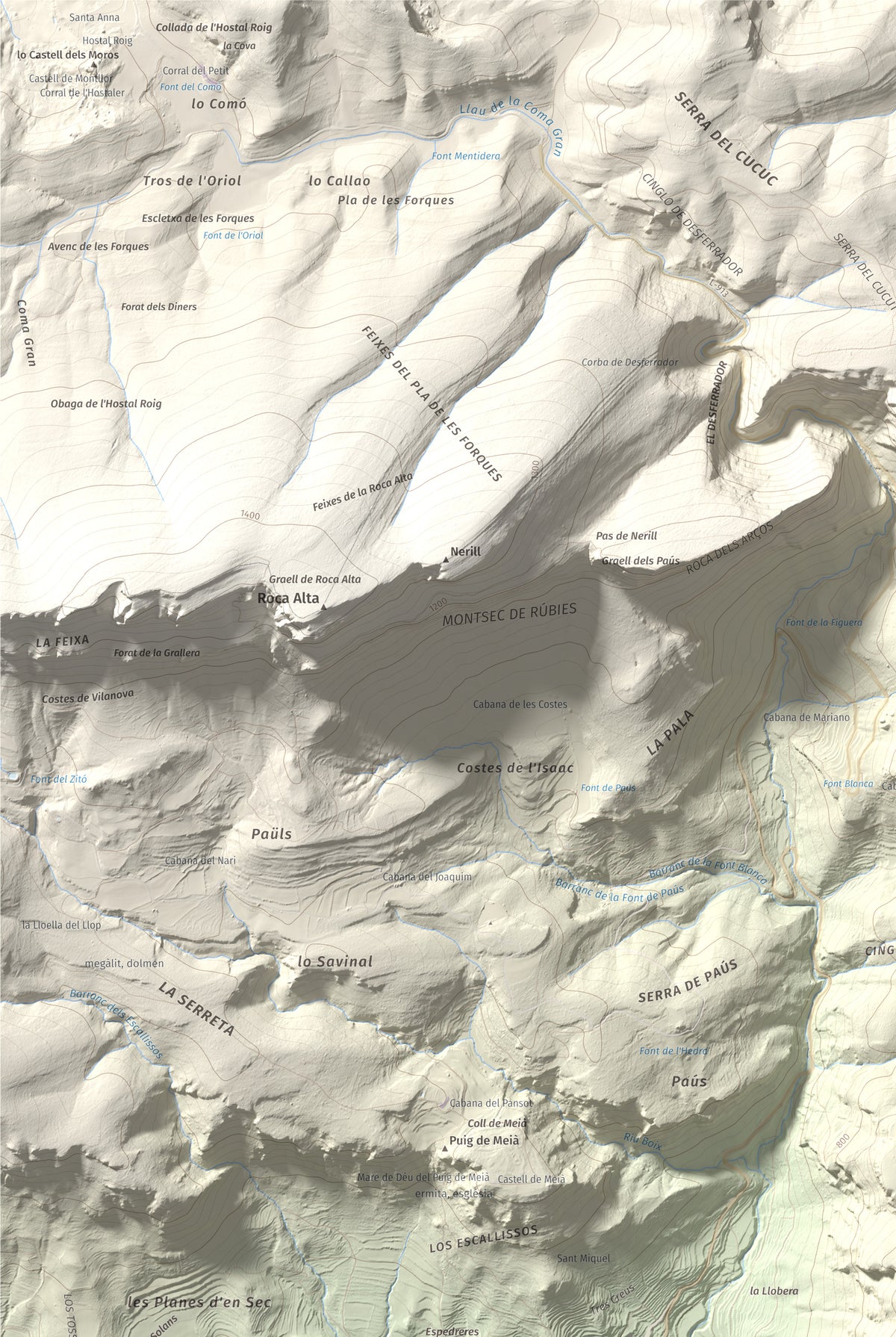 Mapa de relieve del Cogulló, 1002 m, Noguera, lámina 100 Cims de Trobart. Detalle de la zona superior izquierda. 61 × 91 cm.