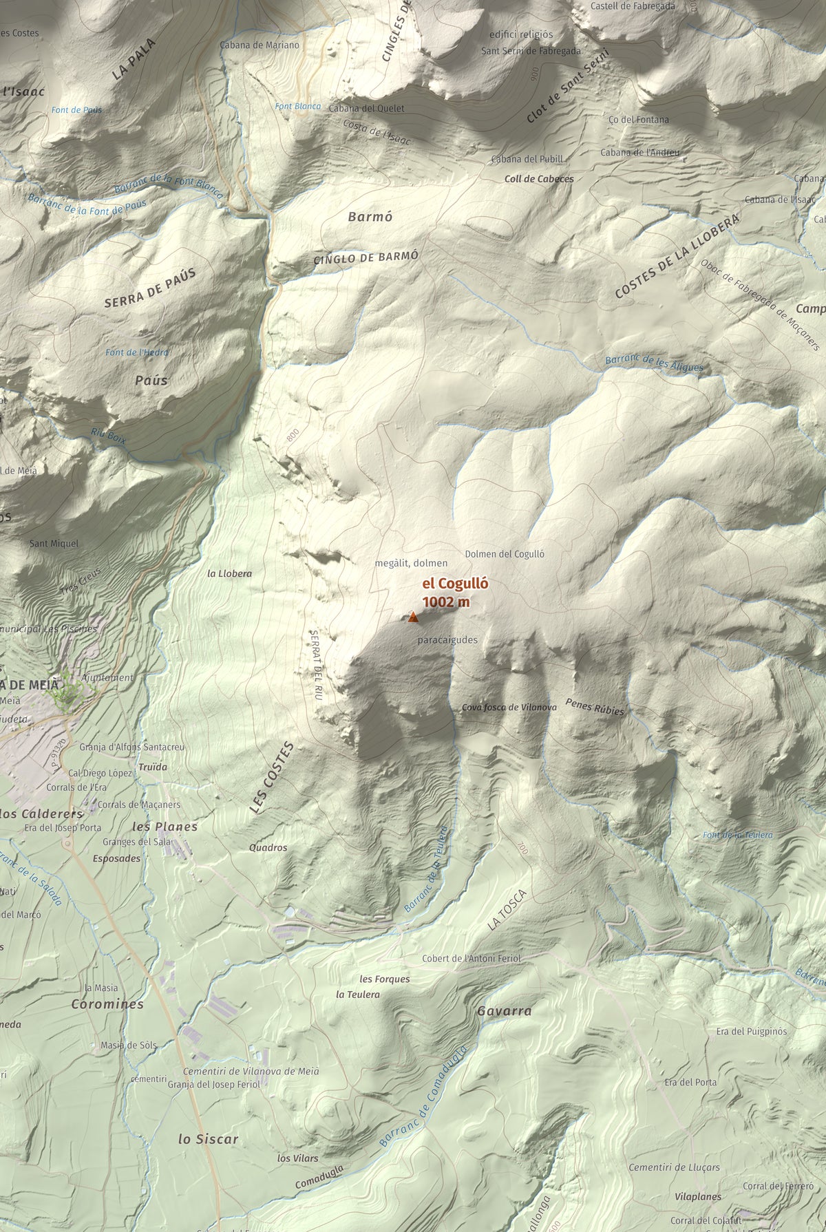 Mapa de relieve del Cogulló, 1002 m, Noguera, lámina 100 Cims de Trobart. Detalle de la zona central. 61 × 91 cm.