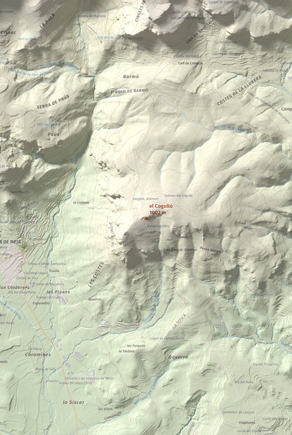 Mapa de relieve del Cogulló, 1002 m, Noguera, lámina 100 Cims de Trobart. Detalle de la zona central. 61 × 91 cm.