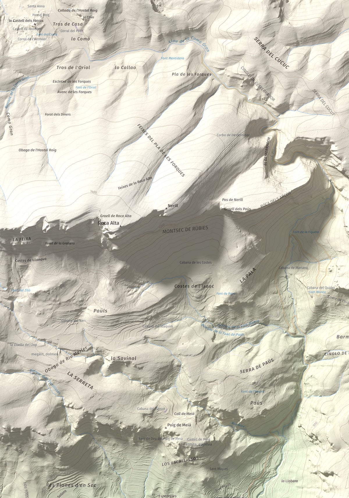Mapa de relieve del Cogulló, 1002 m, Noguera, lámina 100 Cims de Trobart. Detalle de la zona superior izquierda. 70 × 100 cm.