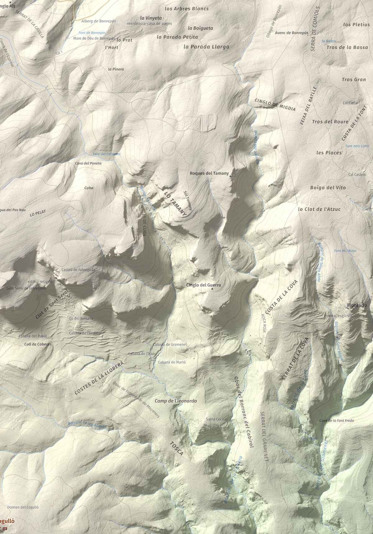 Mapa de relieve del Cogulló, 1002 m, Noguera, lámina 100 Cims de Trobart. Detalle de la zona superior derecha. 70 × 100 cm.