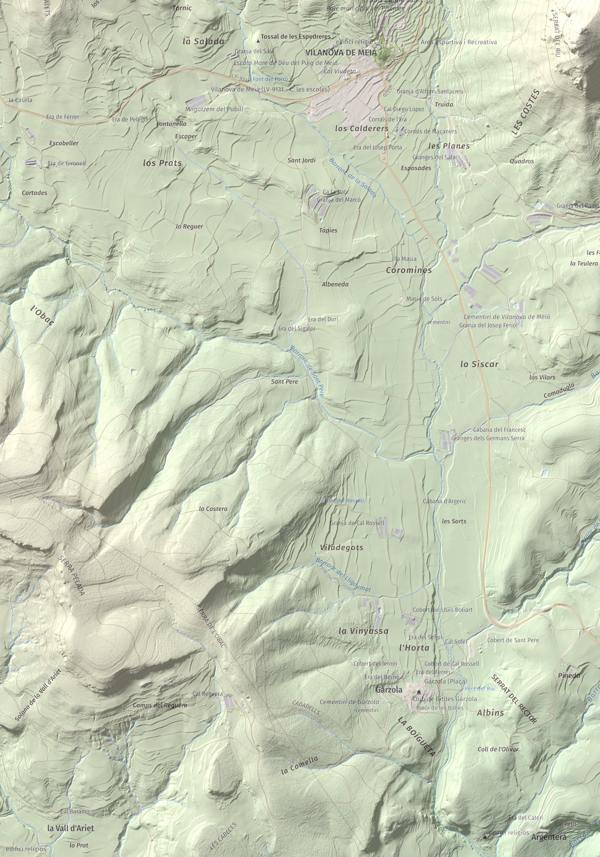 Mapa de relieve del Cogulló, 1002 m, Noguera, lámina 100 Cims de Trobart. Detalle de la zona inferior izquierda. 70 × 100 cm.