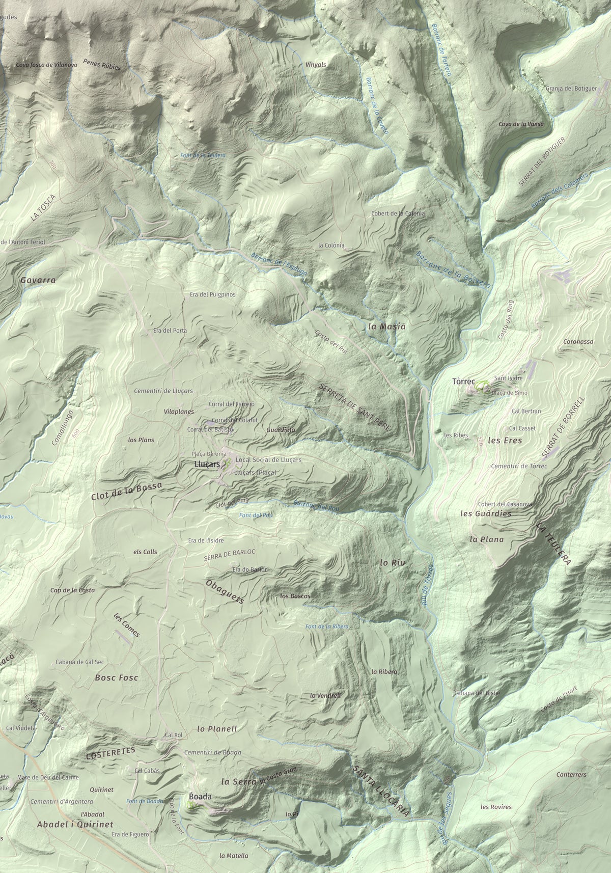 Mapa de relieve del Cogulló, 1002 m, Noguera, lámina 100 Cims de Trobart. Detalle de la zona inferior derecha. 70 × 100 cm.
