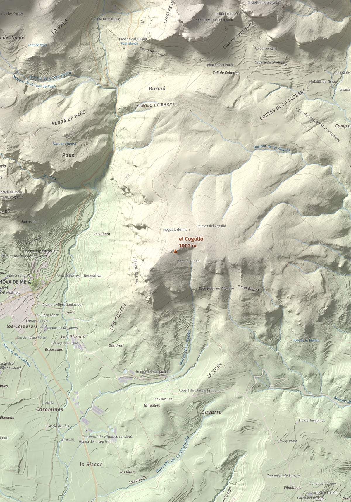 Mapa de relieve del Cogulló, 1002 m, Noguera, lámina 100 Cims de Trobart. Detalle de la zona central. 70 × 100 cm.