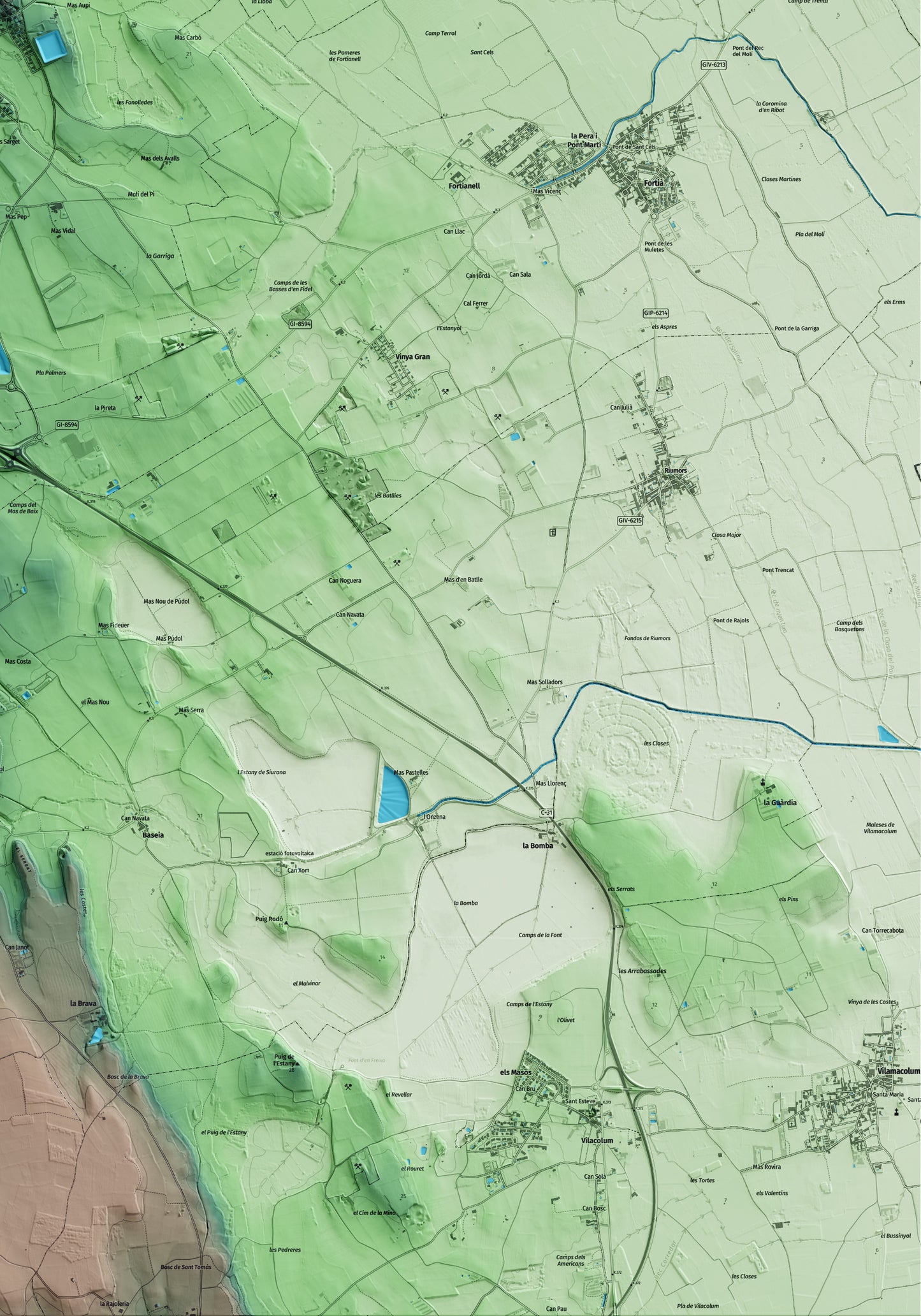 Mapa artístico del relieve del Far d'Empordà, al Alt Empordà, con 15 km de entorno y base topográfica ICGC. Detalle de la zona inferior derecha.