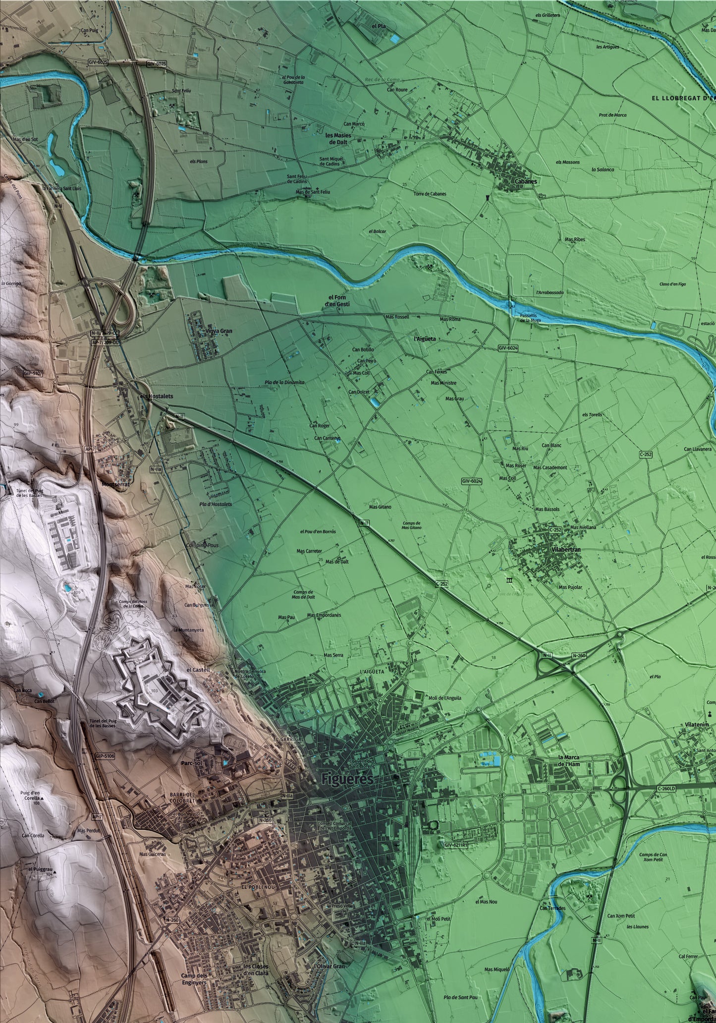 Mapa artístico del relieve del Far d'Empordà, al Alt Empordà, con 15 km de entorno y base topográfica ICGC. Detalle de la zona superior izquierda.