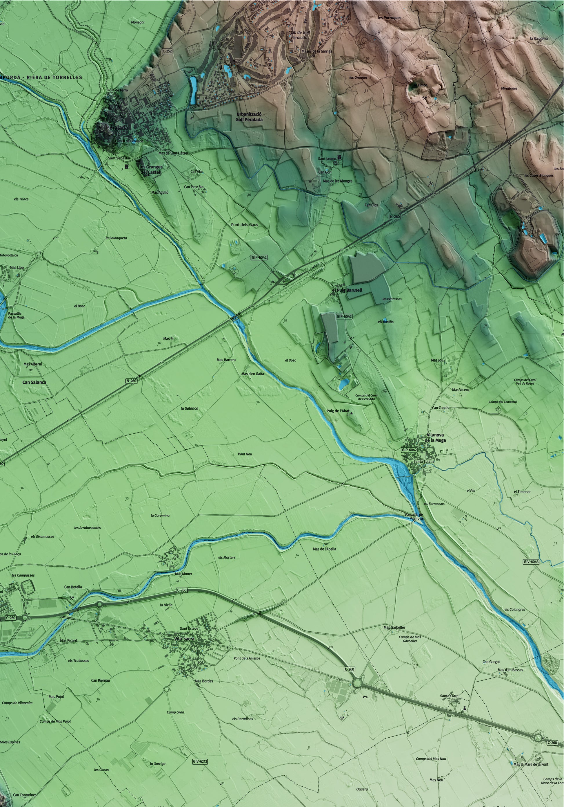Mapa artístico del relieve del Far d'Empordà, al Alt Empordà, con 15 km de entorno y base topográfica ICGC. Detalle de la zona superior derecha.