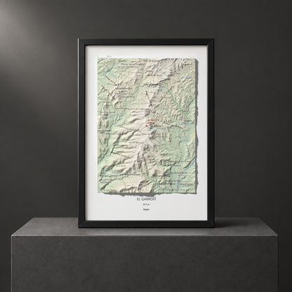 Mapa de relieve del Garrofí, 617 m, Bages, lámina 100 Cims de Trobart. Presentación enmarcada. 21 × 30 cm.