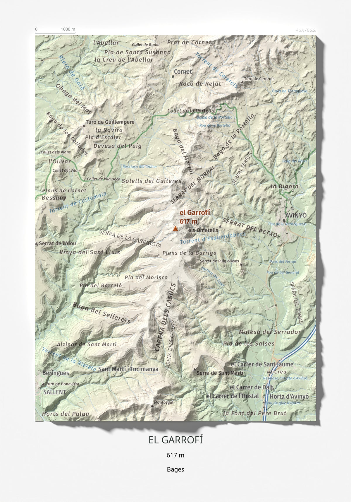 Mapa de relieve del Garrofí, 617 m, Bages, lámina 100 Cims de Trobart 21 × 30 cm.
