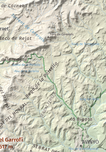 Mapa de relieve del Garrofí, 617 m, Bages, lámina 100 Cims de Trobart. Detalle de la zona superior derecha. 21 × 30 cm.