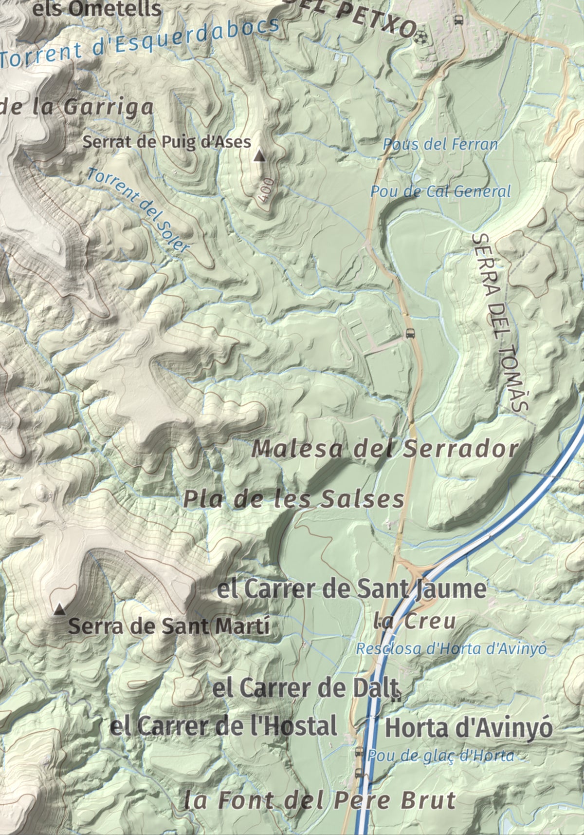 Mapa de relieve del Garrofí, 617 m, Bages, lámina 100 Cims de Trobart. Detalle de la zona inferior derecha. 21 × 30 cm.