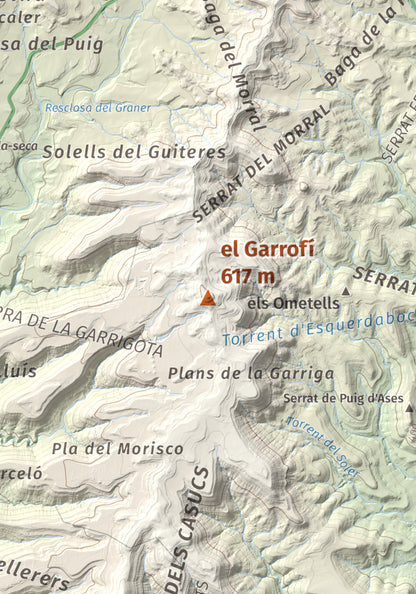 Mapa de relieve del Garrofí, 617 m, Bages, lámina 100 Cims de Trobart. Detalle de la zona central. 21 × 30 cm.