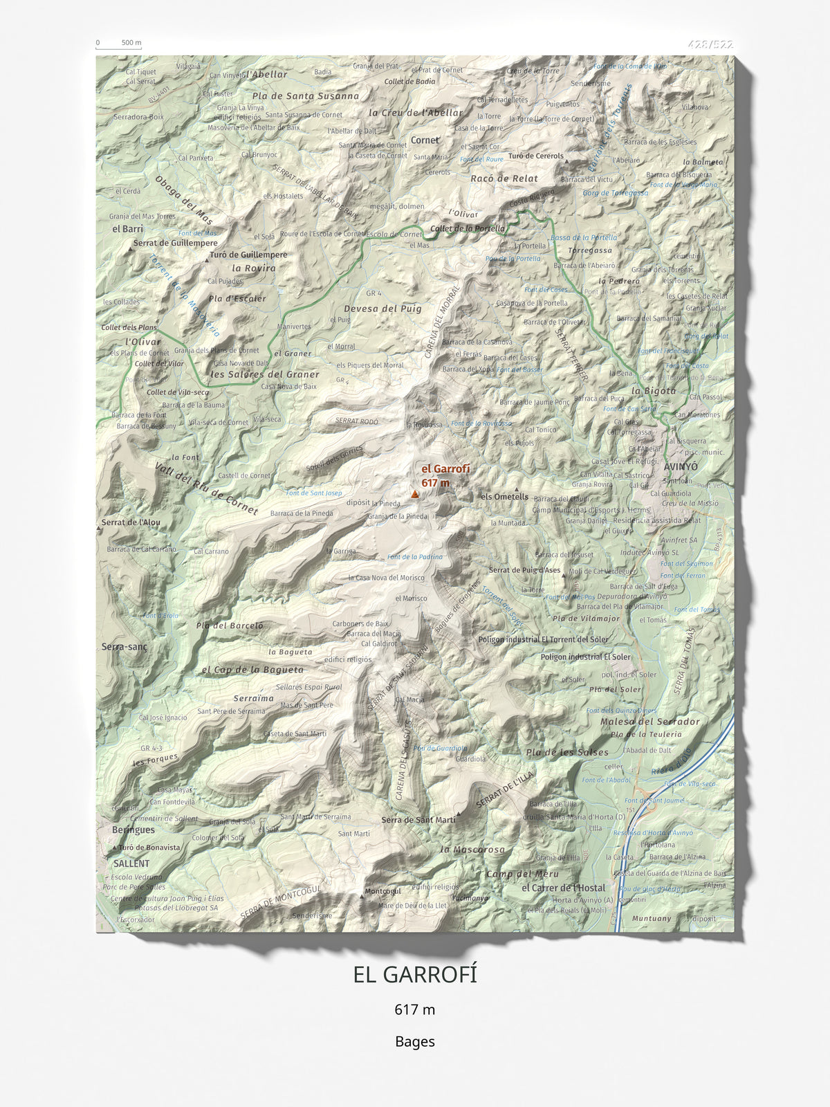 Mapa de relieve del Garrofí, 617 m, Bages, lámina 100 Cims de Trobart 30 × 40 cm.