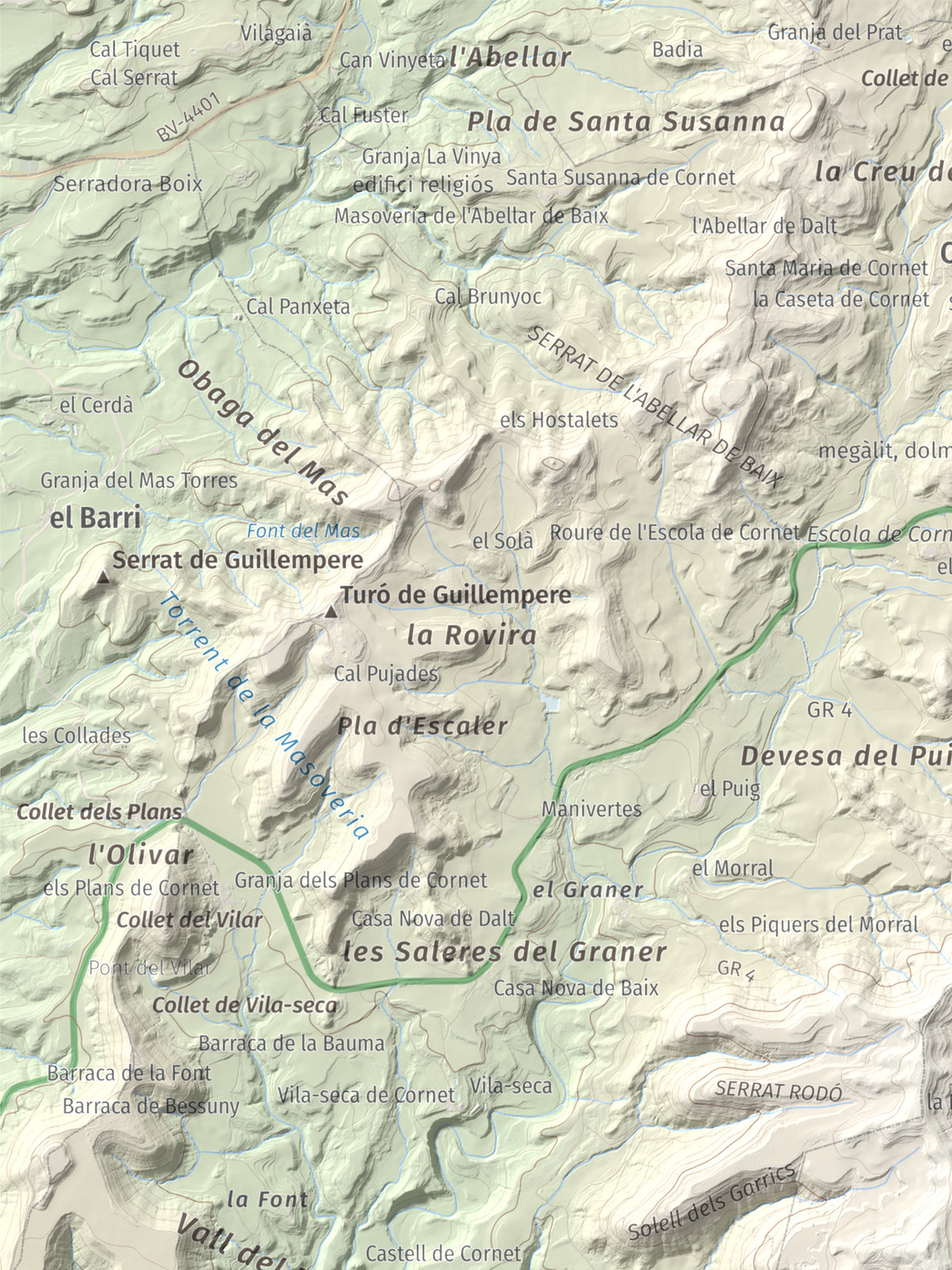 Mapa de relieve del Garrofí, 617 m, Bages, lámina 100 Cims de Trobart. Detalle de la zona superior izquierda. 30 × 40 cm.