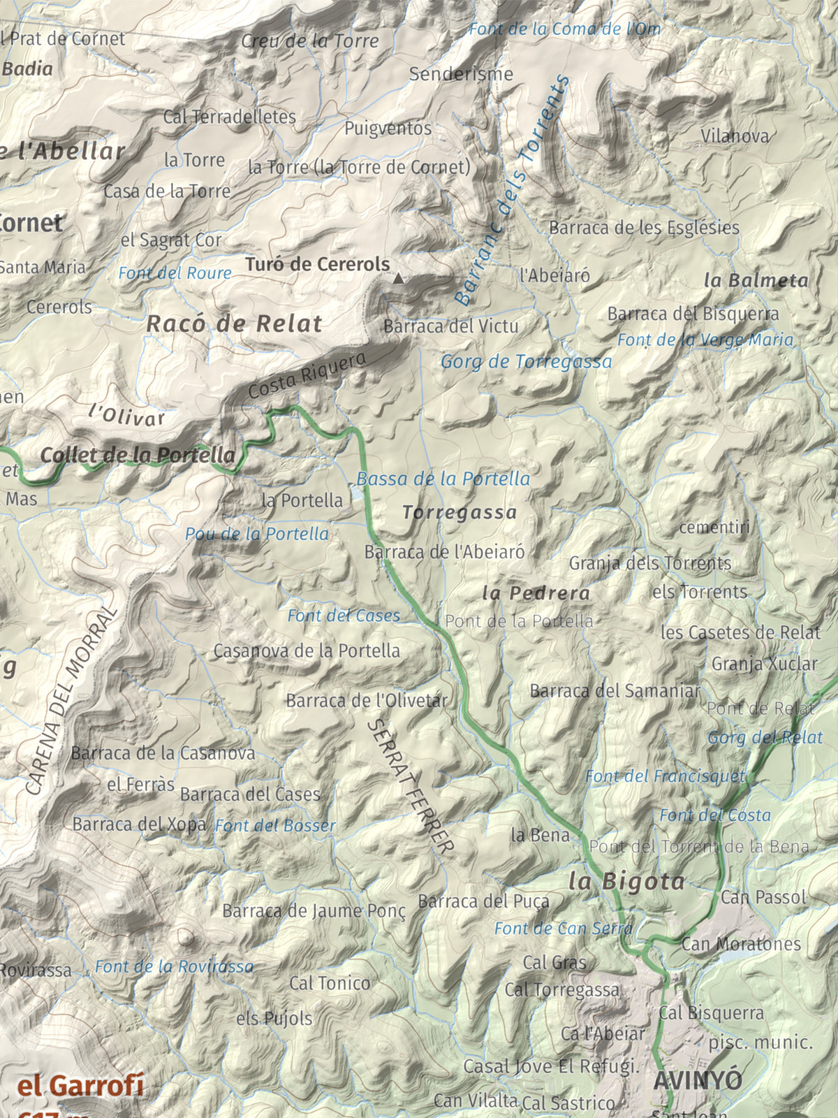 Mapa de relieve del Garrofí, 617 m, Bages, lámina 100 Cims de Trobart. Detalle de la zona superior derecha. 30 × 40 cm.