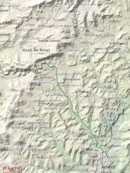 Mapa de relieve del Garrofí, 617 m, Bages, lámina 100 Cims de Trobart. Detalle de la zona superior derecha. 30 × 40 cm.