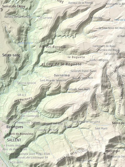 Mapa de relieve del Garrofí, 617 m, Bages, lámina 100 Cims de Trobart. Detalle de la zona inferior izquierda. 30 × 40 cm.