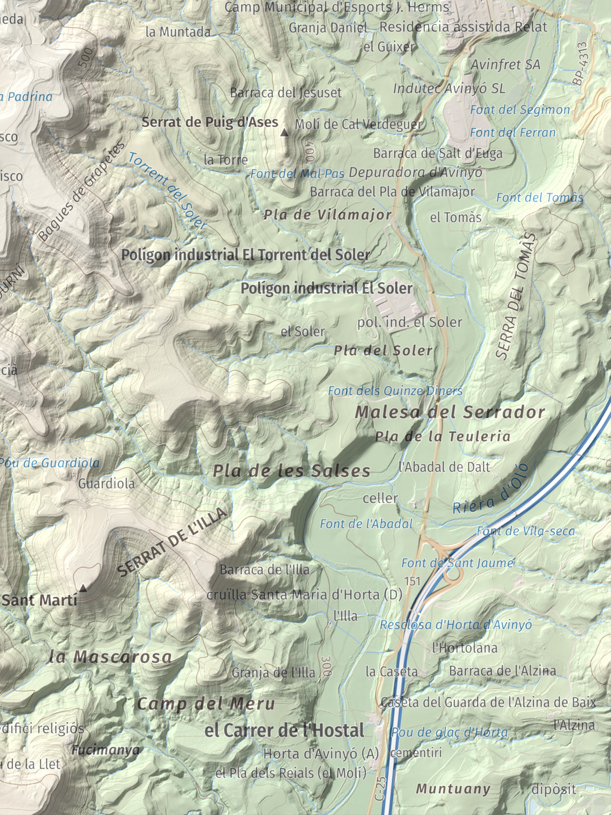 Mapa de relieve del Garrofí, 617 m, Bages, lámina 100 Cims de Trobart. Detalle de la zona inferior derecha. 30 × 40 cm.