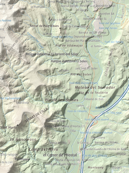 Mapa de relieve del Garrofí, 617 m, Bages, lámina 100 Cims de Trobart. Detalle de la zona inferior derecha. 30 × 40 cm.