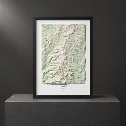 Mapa de relieve del Garrofí, 617 m, Bages, lámina 100 Cims de Trobart. Presentación enmarcada. 50 × 70 cm.