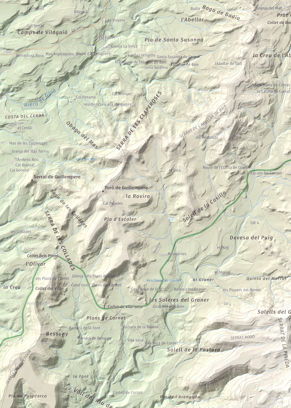 Mapa de relieve del Garrofí, 617 m, Bages, lámina 100 Cims de Trobart. Detalle de la zona superior izquierda. 50 × 70 cm.