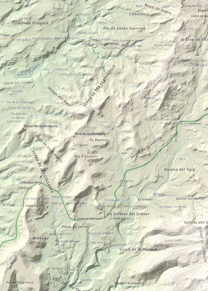 Mapa de relieve del Garrofí, 617 m, Bages, lámina 100 Cims de Trobart. Detalle de la zona superior izquierda. 50 × 70 cm.