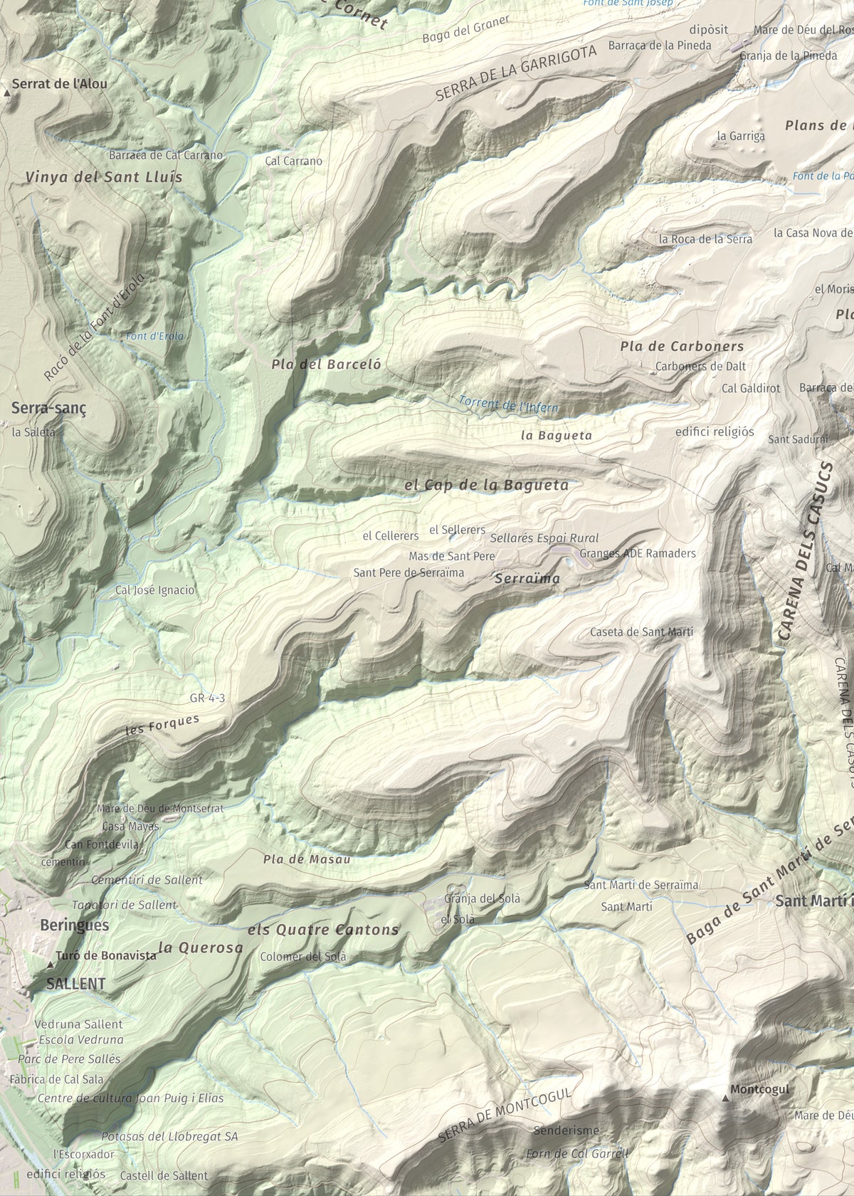 Mapa de relieve del Garrofí, 617 m, Bages, lámina 100 Cims de Trobart. Detalle de la zona inferior izquierda. 50 × 70 cm.