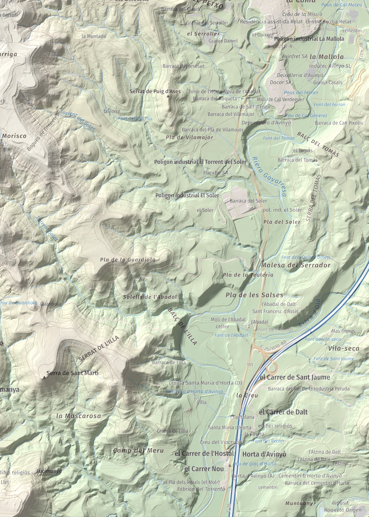 Mapa de relieve del Garrofí, 617 m, Bages, lámina 100 Cims de Trobart. Detalle de la zona inferior derecha. 50 × 70 cm.