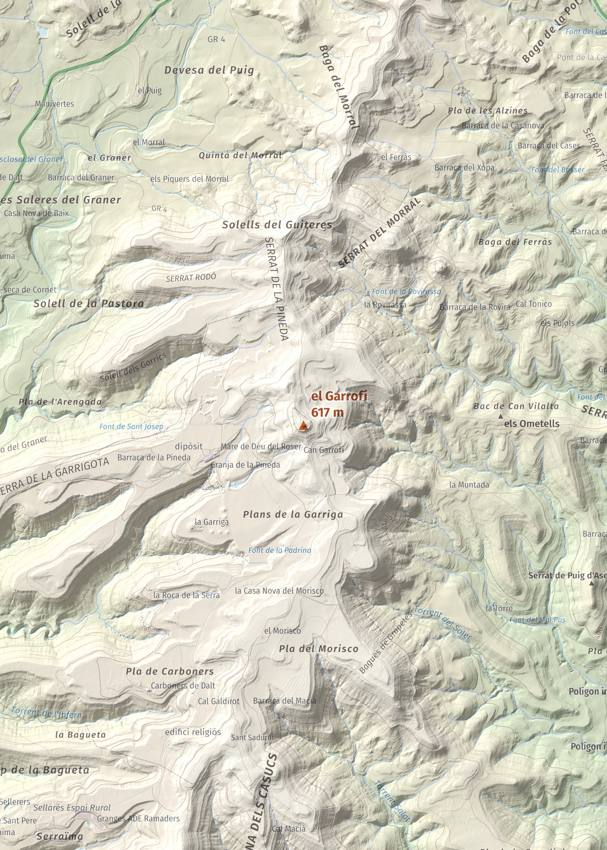 Mapa de relieve del Garrofí, 617 m, Bages, lámina 100 Cims de Trobart. Detalle de la zona central. 50 × 70 cm.