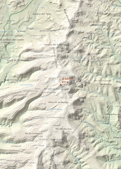 Mapa de relieve del Garrofí, 617 m, Bages, lámina 100 Cims de Trobart. Detalle de la zona central. 50 × 70 cm.