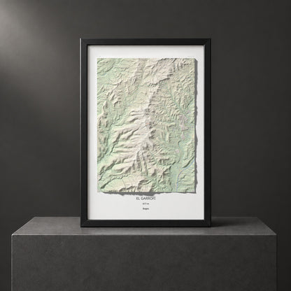 Mapa de relieve del Garrofí, 617 m, Bages, lámina 100 Cims de Trobart. Presentación enmarcada. 61 × 91 cm.