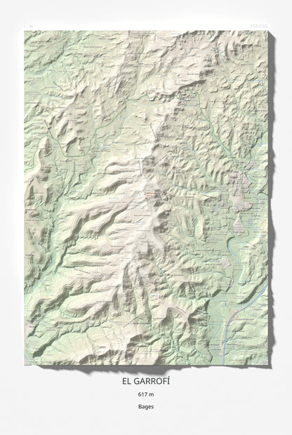 Mapa de relieve del Garrofí, 617 m, Bages, lámina 100 Cims de Trobart 61 × 91 cm.