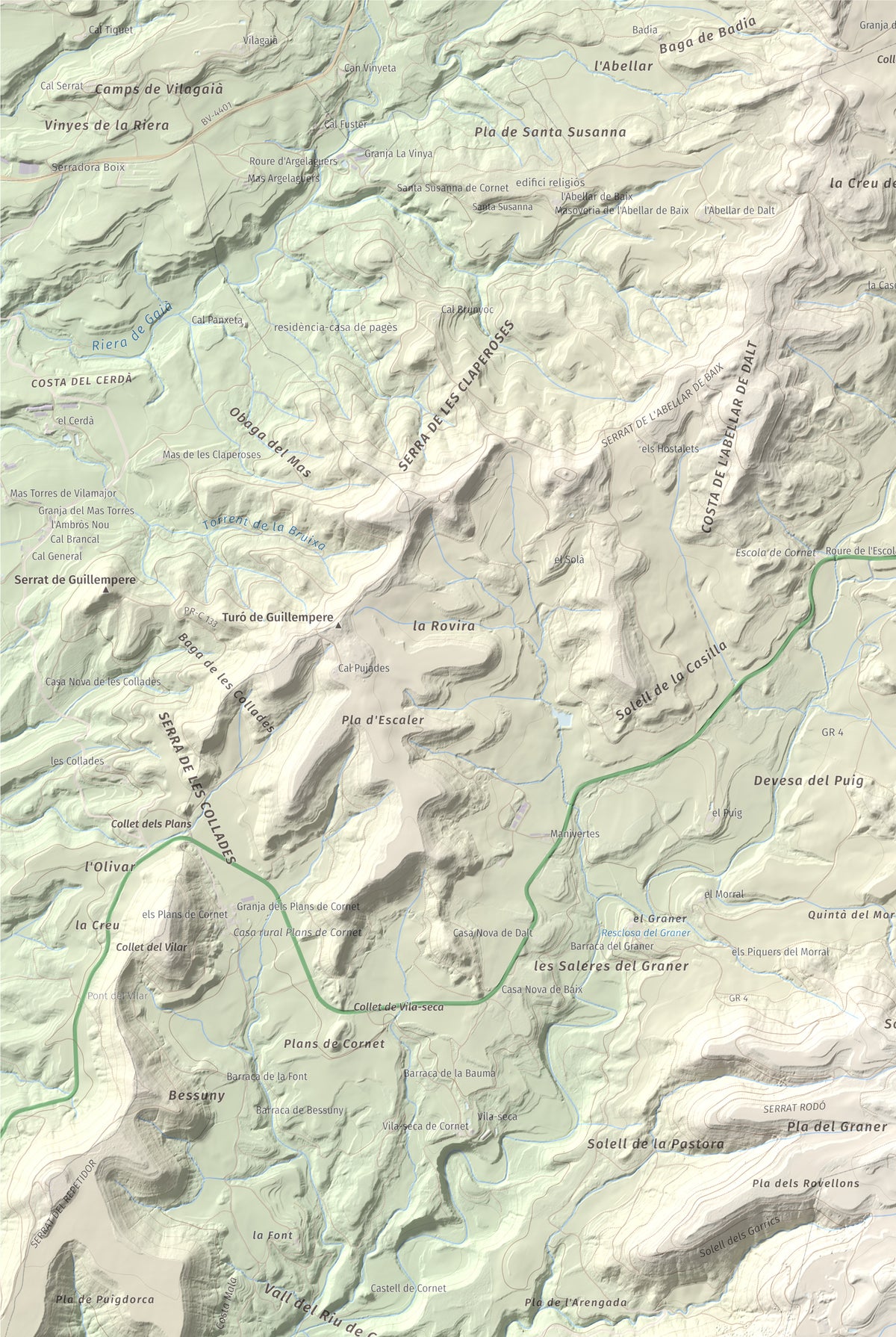 Mapa de relieve del Garrofí, 617 m, Bages, lámina 100 Cims de Trobart. Detalle de la zona superior izquierda. 61 × 91 cm.