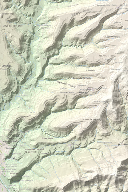 Mapa de relieve del Garrofí, 617 m, Bages, lámina 100 Cims de Trobart. Detalle de la zona inferior izquierda. 61 × 91 cm.